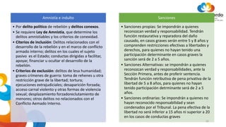 Amnistía e indulto
• Por delito político de rebelión y delitos conexos.
• Se requiere Ley de Amnistía, que determine los
delitos amnistiables y los criterios de conexidad.
• Citerios de inclusión: Delitos relacionados con el
desarrollo de la rebelión y en el marco de conflicto
armado interno; delitos en los cuales el sujeto
pasivo es el Estado; conductas dirigidas a facilitar,
apoyar, financiar u ocultar el desarrollo de la
rebelión.
• Criterios de exclusión: delitos de lesa humanidad;
graves crímenes de guerra: toma de rehenes u otra
restricción grave de la libertad; tortura;
ejecuciones extrajudiciales; desaparición forzada;
acceso carnal violento y otras formas de violencia
sexual; desplazamiento forzadoreclutamiento de
menores; otros delitos no relacionados con el
Conflicto Aemado Interno.
Sanciones
• Sanciones propias: Se impondrán a quienes
reconozcan verdad y responsabilidad. Tendrán
función restaurativa y reparadora del daño
causado, en casos graves serán entre 5 y 8 años y
comprenden restricciones efectivas a libertades y
derechos, para quienes no hayan tenido una
participación determinante en casos graves la
sanción será de 2 a 5 años.
• Sanciones Alternativas: se impondrán a quienes
reconozcan verdad y responsabilidades, ante la
Sección Primera, antes de proferir sentencia.
Tendrán función retributiva de pena privativa de la
libertad de 5 a 8 años, para quienes no hayan
tenido participación detrminante será de 2 a 5
años.
• Sanciones ordinarias: Se impondrán a quienes no
hayan reconocido responsabilidad y sean
condenados por el Tribunal. La pena efectiva de la
libertad no será inferior a 15 años ni superior a 20
en los casos de conductas graves
35
 