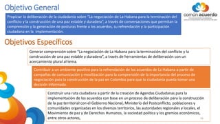 Objetivo General
Propiciar la deliberación de la ciudadanía sobre “La negociación de La Habana para la terminación del
conflicto y la construcción de una paz estable y duradera”, a través de conversaciones que permitan la
comprensión y la generación de posturas frente a los acuerdos, su refrendación y la participación
ciudadana en la implementación.
Objetivos Específicos
Generar comprensión sobre “La negociación de La Habana para la terminación del conflicto y la
construcción de una paz estable y duradera”, a través de herramientas de deliberación con un
acercamiento plural al tema.
Contribuir a un ambiente positivo para la refrendación de los acuerdos de La Habana a partir de
campañas de comunicación y movilización para la comprensión de la importancia del proceso de
negociación para la construcción de la paz en Colombia para que la ciudadanía pueda tomar una
decisión informada.
Construir una ruta ciudadana a partir de la creación de Agendas Ciudadanas para la
implementación de los acuerdos con base en un proceso de deliberación para la construcción
de la paz territorial con el Gobierno Nacional, Ministerio del Postconflicto, poblaciones y
comunidades organizadas en los diversos territorios, las autoridades regionales y locales, el
Movimiento de paz y de Derechos Humanos, la sociedad política y los gremios económicos,
entre otros actores, 58
 