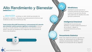 www.institutoneuroart.org
Alto Rendimiento y Bienestar
5
Mindfulness
Habilidad de prestar atención al
momento presente de manera serena
y neutral, lo que permite afrontar
adecuadamente los desafíos de la vida
personal y profesional.
Inteligencia Emocional
Capacidad de las personas para
identificar su propio estado emocional, el
de los demás y regular su
comportamiento de una forma
apropiada.
Pensamiento Sistémico
Visión más amplia de la persona, que tiene en
cuenta las interacciones con sus diferentes
contextos (empresariales, familiares…), que
influyen en la consecución de sus objetivos
La atención constituye un valor mental que precede a la
percepción y conducta, influyendo muy poderosamente la forma en que
tendemos la vida y nos movemos por ella.
Desde Instituto NeuroART fomentamos el entrenamiento de la atención
para sintonizar nuestros procesos cognitivos y emocionales en torno a
tres ejes: el mundo exterior, el mundo interior y las relaciones con los
demás. Para ello nos ayudamos de la integración del conocimiento en
torno a tres disciplinas.
 