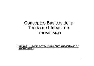 Conceptos Básicos de la
Teoría de Líneas de
Transmisión
• UNIDAD I : LÍNEAS DE TRANSMISIÓN Y DISPOSITIVOS DE
MICROONDAS
1
 