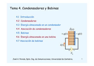 1
Tema 4. Condensadores y Bobinas
4.1 Introducción
4.2 Condensadores
4.3 Energía almacenada en un condensador
4.4 Asociación de condensadores
4.5 Bobinas
4.6 Energía almacenada en una bobina
4.7 Asociación de bobinas
 
SV
)(ti
)(tq )(tq
)(tE

José A. Pereda, Dpto. Ing. de Comunicaciones, Universidad de Cantabria.
 
