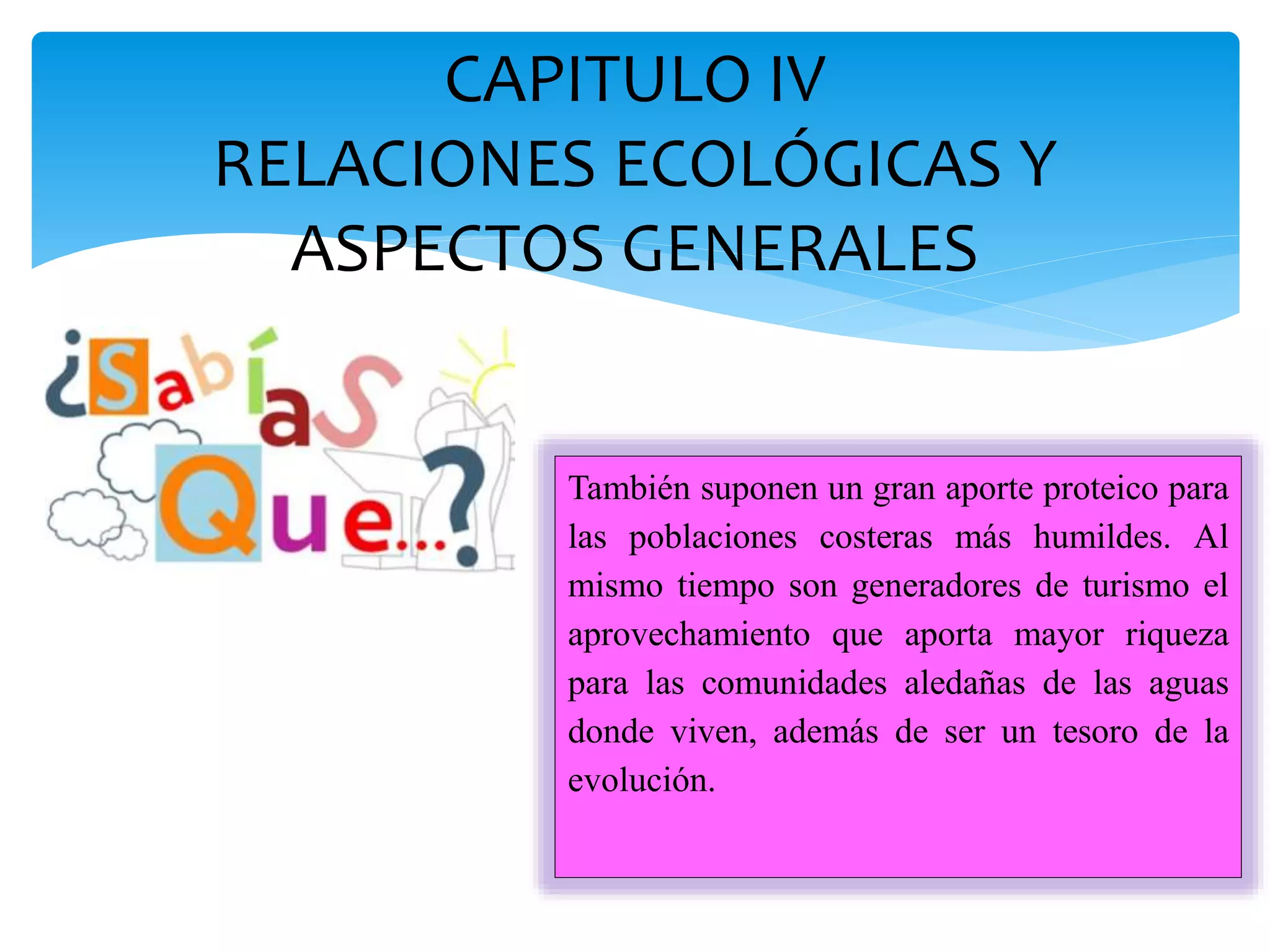 CAPITULO IV
RELACIONES ECOLÓGICAS Y
ASPECTOS GENERALES
También suponen un gran aporte proteico para
las poblaciones costeras más humildes. Al
mismo tiempo son generadores de turismo el
aprovechamiento que aporta mayor riqueza
para las comunidades aledañas de las aguas
donde viven, además de ser un tesoro de la
evolución.
 