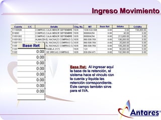 Ingreso Movimiento Base Ret:   Al ingresar aquí la base de la retención, el sistema hace el vinculo con la cuenta y liquida las retención correspondiente. Este campo también sirve para el IVA. 