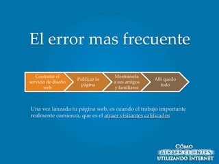 El error mas frecuente

   Contratar el                    Mostrársela
                     Publicar la                  Allí quedo
servicio de diseño                 a sus amigos
                      página                         todo
       web                         y familiares



Una vez lanzada tu página web, es cuando el trabajo importante
realmente comienza, que es el atraer visitantes calificados
 