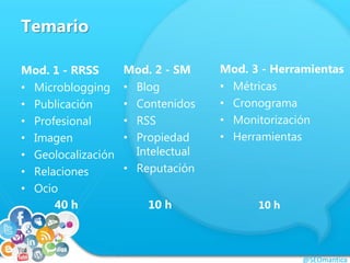 Temario
Mod. 1 - RRSS
• Microblogging
• Publicación
• Profesional
• Imagen
• Geolocalización
• Relaciones
• Ocio
Mod. 2 - SM
• Blog
• Contenidos
• RSS
• Propiedad
Intelectual
• Reputación
@SEOmantica
Mod. 3 - Herramientas
• Métricas
• Cronograma
• Monitorización
• Herramientas
 