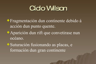 Ciclo Wilson Fragmentación dun continente debido á acción dun punto quente. Aparición dun rift que convetirase nun océano.  Suturación fusionando as placas, e formación dun gran continente   