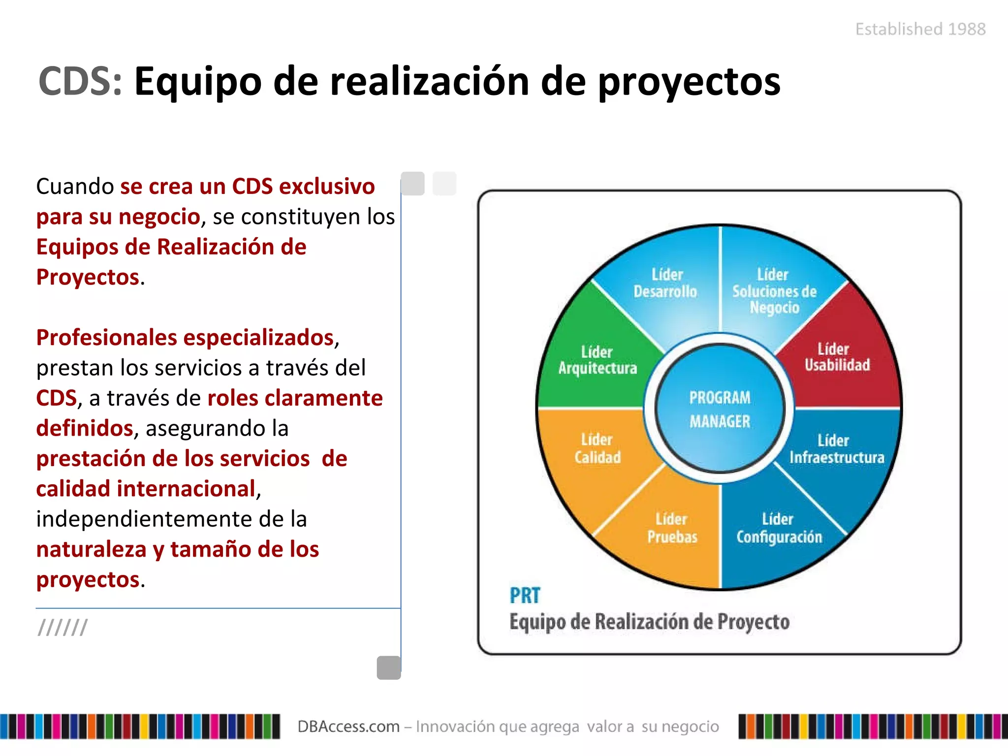 CDS:  Equipo de realización de proyectos  Cuando   se crea un CDS exclusivo para su negocio , se constituyen los  Equipos de Realización de Proyectos .   Profesionales especializados , prestan los servicios a través del  CDS , a través de  roles claramente definidos , asegurando la  prestación de los servicios  de calidad internacional , independientemente de la  naturaleza y tamaño de los proyectos .  ////// 