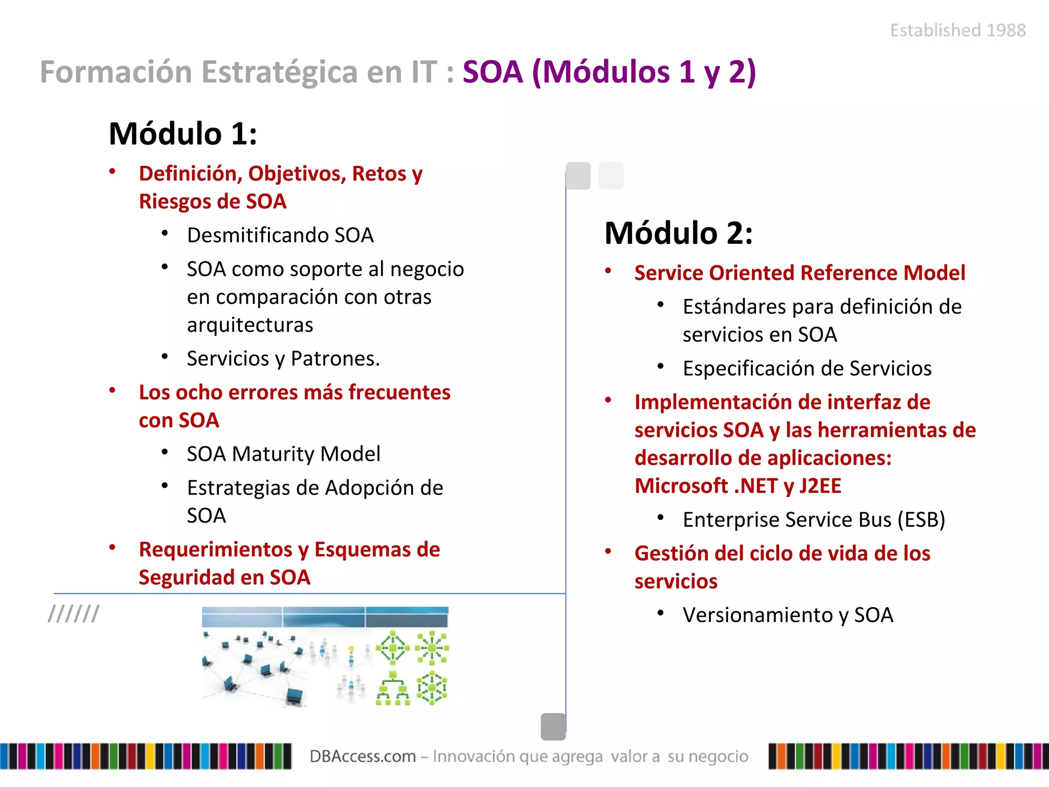 Formación Estratégica en IT :  SOA (Módulos 1 y 2) Módulo 1: Definición, Objetivos, Retos y Riesgos de SOA Desmitificando SOA SOA como soporte al negocio en comparación con otras arquitecturas Servicios y Patrones. Los ocho errores más frecuentes con SOA SOA Maturity Model Estrategias de Adopción de SOA Requerimientos y Esquemas de Seguridad en SOA Módulo 2: Service Oriented Reference Model Estándares para definición de servicios en SOA Especificación de Servicios Implementación de interfaz de servicios SOA y las herramientas de desarrollo de aplicaciones: Microsoft .NET y J2EE Enterprise Service Bus (ESB) Gestión del ciclo de vida de los servicios Versionamiento y SOA ////// 