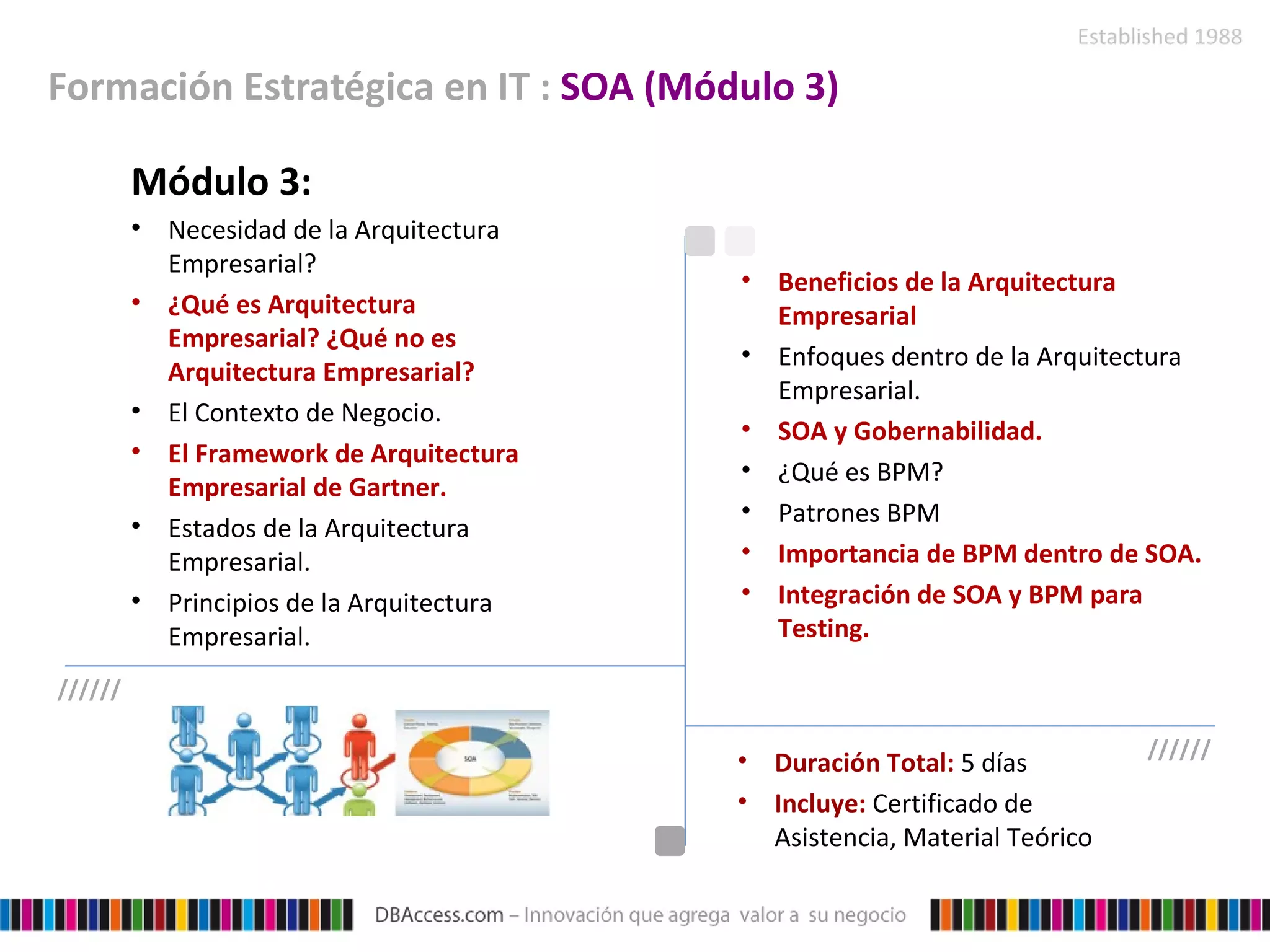 Formación Estratégica en IT :  SOA (Módulo 3) Duración Total:  5 días  Incluye:  Certificado de Asistencia, Material Teórico Módulo 3: Necesidad de la Arquitectura Empresarial? ¿Qué es Arquitectura Empresarial? ¿Qué no es Arquitectura Empresarial? El Contexto de Negocio. El Framework de Arquitectura Empresarial de Gartner. Estados de la Arquitectura Empresarial. Principios de la Arquitectura Empresarial. Beneficios de la Arquitectura Empresarial Enfoques dentro de la Arquitectura Empresarial. SOA y Gobernabilidad. ¿Qué es BPM? Patrones BPM Importancia de BPM dentro de SOA. Integración de SOA y BPM para Testing. ////// ////// 