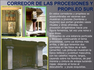 En estos corredores y propileos se acostumbraba ver escenas que muestran a jóvenes (hombres y mujeres) que portan grandes vasos rituales y otras ofrendas, en procesión dirigiéndose hacia una figura femenina, tal vez una reina o una diosa.  El Propileo es una estancia porticada y decorada continuando el tema procesional, como ya dijimos más arriba, y del que tenemos dos ejemplos en las fotos de al lado (amarilla). Las pinturas muestran la típica belleza y juventud masculina, con los cabellos negros, largos, cayendo sobre los hombros, de piel morena y cintura de avispa luciendo ropas -dejando el torso al descubierto  y joyas exquisitas.  