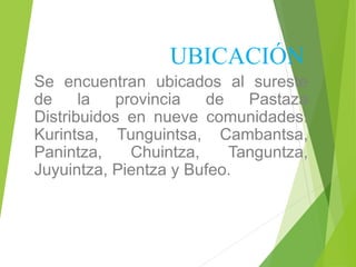 UBICACIÓN
Se encuentran ubicados al sureste
de la provincia de Pastaza
Distribuidos en nueve comunidades:
Kurintsa, Tunguintsa, Cambantsa,
Panintza, Chuintza, Tanguntza,
Juyuintza, Pientza y Bufeo.
 