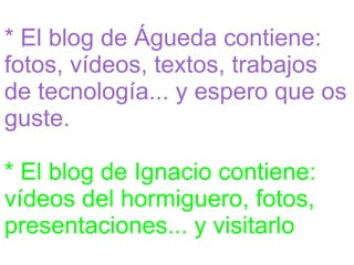 ! * El blog de Águeda contiene: fotos, vídeos, textos, trabajos de tecnología... y espero que os guste. * El blog de Ignacio contiene: vídeos del hormiguero, fotos, presentaciones... y visitarlo  