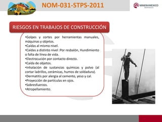 NOM-031-STPS-2011
•Golpes y cortes por herramientas manuales,
máquinas y objetos.
•Caídas al mismo nivel.
•Caídas a distinto nivel :Por resbalón, Hundimiento
o falta de línea de vida.
•Electrocución por contacto directo.
•Caída de objetos.
•Inhalación de sustancias químicas y polvo (al
cortar ladrillos, cerámicas, humos de soldadura).
•Dermatitis por alergia al cemento, yeso y cal.
•Proyección de partículas en ojos.
•Sobresfuerzos.
•Atropellamiento.
RIESGOS EN TRABAJOS DE CONSTRUCCIÓN
 