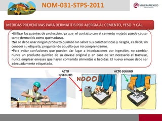 NOM-031-STPS-2011
•Utilizar los guantes de protección, ya que el contacto con el cemento mojado puede causar
tanto dermatitis como quemaduras.
•No se debe usar ningún producto químico sin saber sus características y riesgos, es decir, sin
conocer su etiqueta, preguntando aquello que no comprendamos.
•Para evitar confusiones que pueden dar lugar a intoxicaciones por ingestión, no cambiar
nunca un producto químico de su envase original y, en caso de ser necesario el trasvase,
nunca emplear envases que hayan contenido alimentos o bebidas. El nuevo envase debe ser
adecuadamente etiquetado.
MEDIDAS PREVENTIVAS PARA DERMATITIS POR ALERGIA AL CEMENTO, YESO Y CAL.
ACTO
INSEGURO
ACTO SEGURO
 