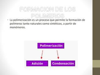 • La polimerización es un proceso que permite la formación de
polímeros tanto naturales como sintéticos, a partir de
monómeros.
 