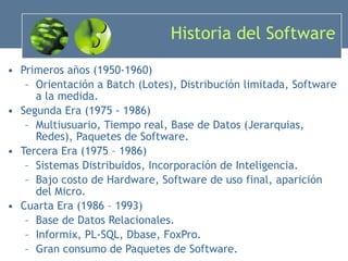 Historia del Software Primeros años (1950-1960) Orientación a Batch (Lotes), Distribución limitada, Software a la medida. Segunda Era (1975 - 1986) Multiusuario, Tiempo real, Base de Datos (Jerarquias, Redes), Paquetes de Software. Tercera Era (1975 – 1986) Sistemas Distribuidos, Incorporación de Inteligencia. Bajo costo de Hardware, Software de uso final, aparición del Micro. Cuarta Era (1986 – 1993) Base de Datos Relacionales. Informix, PL-SQL, Dbase, FoxPro. Gran consumo de Paquetes de Software. 