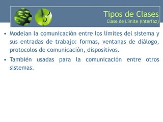 Tipos de Clases Clase de Límite (Interfaz) Modelan la comunicación entre los límites del sistema y sus entradas de trabajo: formas, ventanas de diálogo, protocolos de comunicación, dispositivos. También usadas para la comunicación entre otros sistemas. 