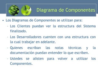 Diagrama de Componentes Los Diagramas de Componentes se utilizan para: Los Clientes puedan ver la estructura del Sistema finalizado. Los Desarrolladores cuenten con una estructura con la cual trabajar en adelante. Quienes escriban las notas técnicas y la documentación puedan entender lo que escriben. Ustedes se alisten para volver a utilizar los Componentes. 