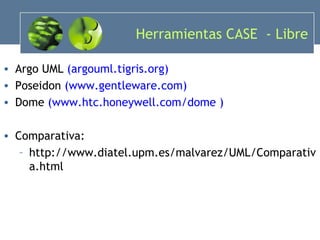 Argo UML  (argouml.tigris.org) Poseidon  (www.gentleware.com) Dome  ( www.htc.honeywell.com/dome  ) Comparativa: http://www.diatel.upm.es/malvarez/UML/Comparativa.html   Herramientas CASE  - Libre 