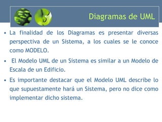 Diagramas de UML La finalidad de los Diagramas es presentar diversas perspectiva de un Sistema, a los cuales se le conoce como MODELO. El Modelo UML de un Sistema es similar a un Modelo de Escala de un Edificio. Es importante destacar que el Modelo UML describe lo que supuestamente hará un Sistema, pero no dice como implementar dicho sistema. 