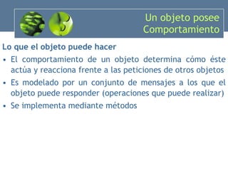 Un objeto posee Comportamiento Lo que el objeto puede hacer El comportamiento de un objeto determina cómo éste actúa y reacciona frente a las peticiones de otros objetos Es modelado por un conjunto de mensajes a los que el objeto puede responder (operaciones que puede realizar) Se implementa mediante métodos 