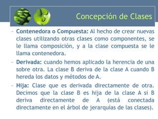 Concepción de Clases Contenedora o Compuesta:  Al hecho de crear nuevas clases utilizando otras clases como componentes, se le llama composición, y a la clase compuesta se le llama contenedora. Derivada:  cuando hemos aplicado la herencia de una sobre otra. La clase B deriva de la clase A cuando B hereda los datos y métodos de A. Hija:  Clase que es derivada directamente de otra. Decimos que la clase B es hija de la clase A si B deriva directamente de A (está conectada directamente en el árbol de jerarquías de las clases). 