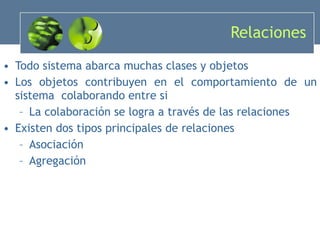 Relaciones Todo sistema abarca muchas clases y objetos  Los objetos contribuyen en el comportamiento de un sistema  colaborando entre si  La colaboración se logra a través de las relaciones  Existen dos tipos principales de relaciones  Asociación Agregación 