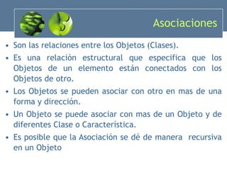 Asociaciones Son las relaciones entre los Objetos (Clases). Es una relación estructural que especifica que los Objetos de un elemento están conectados con los Objetos de otro. Los Objetos se pueden asociar con otro en mas de una forma y dirección. Un Objeto se puede asociar con mas de un Objeto y de diferentes Clase o Característica. Es posible que la Asociación se dé de manera  recursiva en un Objeto 