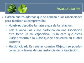 Asociaciones Existen cuatro adornos que se aplican a las asociaciones para facilitar su comprensión: Nombre:  describe la naturaleza de la relación. Rol:  Cuando una clase participa en una Asociación esta tiene un rol especifico. Es la cara que dicha Clase presenta a la Clase que se encuentra en el otro extremo Multiplicidad:  Es señalar cuantos Objetos se pueden conectar a través de una instancia de la Asociación. 
