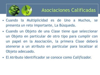 Asociaciones Calificadas Cuando la Multiplicidad es de Uno a Muchos, se presenta un reto importante, La Búsqueda. Cuando un Objeto de una Clase tiene que seleccionar un Objeto en particular de otro tipo para cumplir con un papel en la Asociación, la primera Clase deberá atenerse a un atributo en particular para localizar al Objeto adecuado. El Atributo identificador se conoce como  Calificador. 