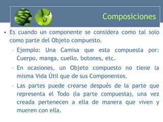 Composiciones Es cuando un componente se considera como tal solo como parte del Objeto compuesto. Ejemplo: Una Camisa que esta compuesta por: Cuerpo, manga, cuello, botones, etc. En ocasiones, un Objeto compuesto no tiene la misma Vida Útil que de sus Componentes. Las partes puede crearse después de la parte que representa el Todo (la parte compuesta), una vez creada pertenecen a ella de manera que viven y mueren con ella. 