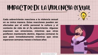 IMPACTOS DE LA VIOLENCIA SEXUAL
Cada sobreviviente reacciona a la violencia sexual
en su única manera. Estas reacciones pueden ser
afectadas por el estilo personal la cultura y el
contexto de vida de el /la sobreviviente. Algunas
expresan sus emociones, mientras que otras
prefieren mantenerlo dentro. Algunos contaran lo
que paso inmediatamente mientras que otras
esperaran semanas meses o incluso años
Descargado por Maura Francisco (fmaura882@gmail.com)
Encuentra más documentos en www.udocz.com
 