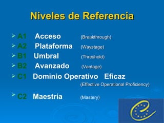 Niveles de Referencia A1  Acceso   ( Breakthrough) A2  Plataforma  ( Waystage) B1   Umbral  ( Threshold) B2  Avanzado  (Vantage ) C1  Dominio Operativo  Eficaz  (Effective Operational Proficiency) C2  Maestría   (Mastery ) 