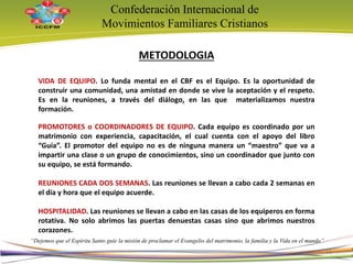 Confederación Internacional de
Movimientos Familiares Cristianos
“Dejemos que el Espíritu Santo guíe la misión de proclamar el Evangelio del matrimonio, la familia y la Vida en el mundo”
METODOLOGIA
VIDA DE EQUIPO. Lo funda mental en el CBF es el Equipo. Es la oportunidad de
construir una comunidad, una amistad en donde se vive la aceptación y el respeto.
Es en la reuniones, a través del diálogo, en las que materializamos nuestra
formación.
PROMOTORES o COORDINADORES DE EQUIPO. Cada equipo es coordinado por un
matrimonio con experiencia, capacitación, el cual cuenta con el apoyo del libro
“Guía”. El promotor del equipo no es de ninguna manera un “maestro” que va a
impartir una clase o un grupo de conocimientos, sino un coordinador que junto con
su equipo, se está formando.
REUNIONES CADA DOS SEMANAS. Las reuniones se llevan a cabo cada 2 semanas en
el día y hora que el equipo acuerde.
HOSPITALIDAD. Las reuniones se llevan a cabo en las casas de los equiperos en forma
rotativa. No solo abrimos las puertas denuestas casas sino que abrimos nuestros
corazones.
18
 