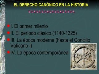 EL DERECHO CANÓNICO EN LA HISTORIA I. El primer milenio  II. El período clásico (1140-1325) III. La época moderna (hasta el Concilio Vaticano I) IV. La época contemporánea 