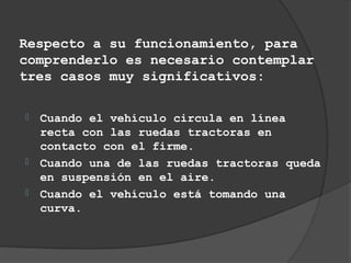 Respecto a su funcionamiento, para
comprenderlo es necesario contemplar
tres casos muy significativos:

   Cuando el vehículo circula en línea
    recta con las ruedas tractoras en
    contacto con el firme.
   Cuando una de las ruedas tractoras queda
    en suspensión en el aire.
   Cuando el vehículo está tomando una
    curva.
 