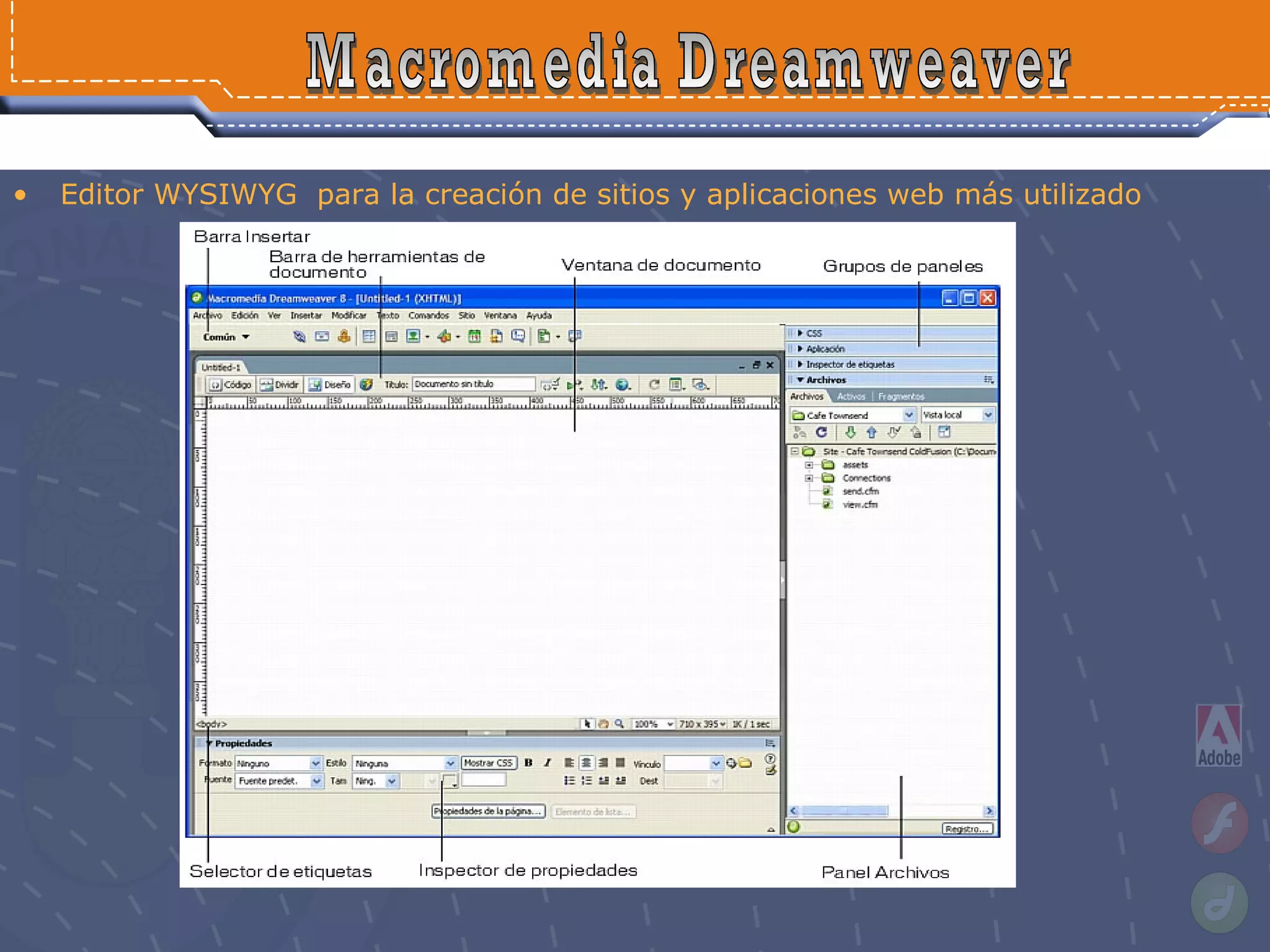 Editor WYSIWYG  para la creación de sitios y aplicaciones web  más utilizado Macromedia Dreamweaver 