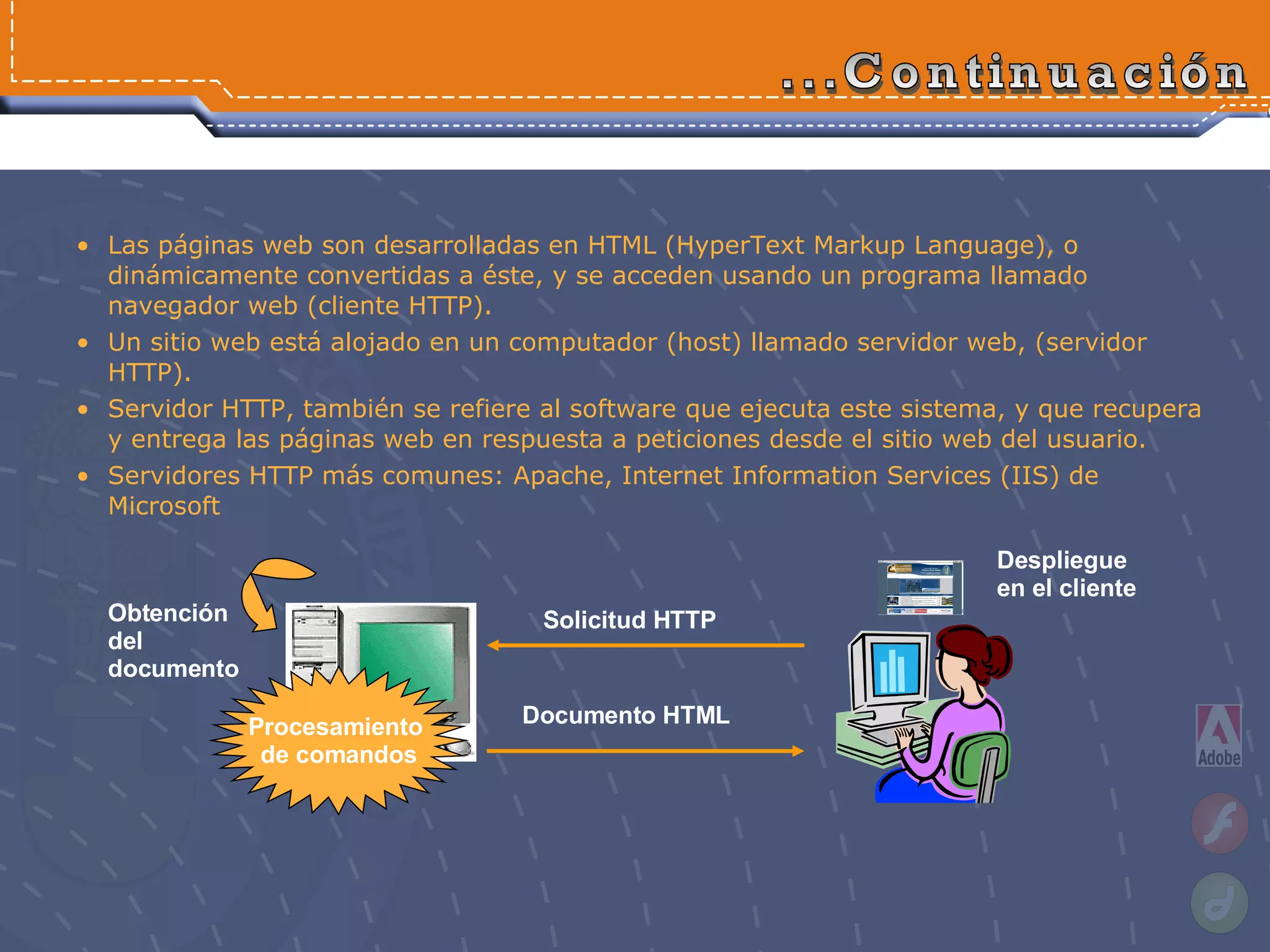 Las páginas web son desarrolladas en HTML (HyperText Markup Language), o dinámicamente convertidas a éste, y se acceden usando un programa llamado navegador web (cliente HTTP).  Un sitio web está alojado en un computador (host) llamado servidor web, (servidor HTTP). Servidor HTTP, también se refiere al software que ejecuta este sistema, y que recupera y entrega las páginas web en respuesta a peticiones desde el sitio web del usuario.  Servidores HTTP más comunes: Apache, Internet Information Services (IIS) de Microsoft   ...Continuación Solicitud HTTP Documento HTML Obtención del documento Procesamiento  de comandos Despliegue  en el cliente 