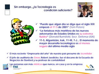 Sin embargo, ¿la Tecnología es
                         condición suficiente?




                           “Puede que algún día se diga que el siglo XXI
                           empezó el 11 S de 2001” (Tom Peters)
                           “La fortaleza más mortífera de los nuevos
                           adversarios de Estados Unidos es su extrema
                           fluidez” (Donald Rumsfeld, Secr. Defensa USA)
                           11-S, Afganistán, Irak, 11-M, 7-J... El momento de
                           mayor desarrollo tecnológico es el menos
                           seguro del último medio siglo

El más reciente “Empresario del año” de nuestro país presume de tecnófobo
El jefe de auditoría de Enron, Robert Jaedicke, fue el decano de la Escuela de
Negocios de Stanford y su profesor de contabilidad
Las personas son más infelices que nunca, en casa y en la empresa

                                     15
 