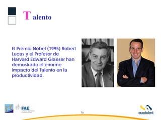 T alento

El Premio Nóbel (1995) Robert
Lucas y el Profesor de
Harvard Edward Glaeser han
demostrado el enorme
impacto del Talento en la
productividad.




                                16
 