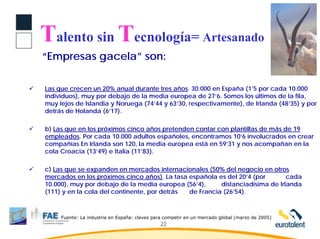 Talento sin Tecnología= Artesanado
“Empresas gacela” son:

Las que crecen un 20% anual durante tres años. 30.000 en España (1’5 por cada 10.000
individuos), muy por debajo de la media europea de 27’6. Somos los últimos de la fila,
muy lejos de Islandia y Noruega (74’44 y 63’30, respectivamente), de Irlanda (48’35) y por
detrás de Holanda (6’17).

b) Las que en los próximos cinco años pretenden contar con plantillas de más de 19
empleados. Por cada 10.000 adultos españoles, encontramos 10’6 involucrados en crear
compañías En Irlanda son 120, la media europea está en 59’31 y nos acompañan en la
cola Croacia (13’49) e Italia (11’83).

c) Las que se expanden en mercados internacionales (50% del negocio en otros
mercados en los próximos cinco años). La tasa española es del 20’4 (por       cada
10.000), muy por debajo de la media europea (56’4),     distanciadísima de Irlanda
(111) y en la cola del continente, por detrás de Francia (26’54).



     Fuente: La industria en España: claves para competir en un mercado global (marzo de 2005)
                                               22
 
