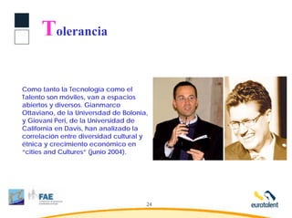 Tolerancia

Como tanto la Tecnología como el
Talento son móviles, van a espacios
abiertos y diversos. Gianmarco
Ottaviano, de la Universdad de Bolonia,
y Giovani Peri, de la Universidad de
California en Davis, han analizado la
correlación entre diversidad cultural y
étnica y crecimiento económico en
“cities and Cultures” (junio 2004).




                                      24
 