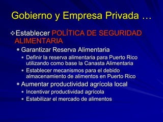 Gobierno y Empresa Privada …
Establecer POLÍTICA DE SEGURIDAD
ALIMENTARIA
 Garantizar Reserva Alimentaria
 Definir la r...