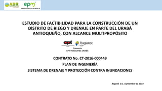 ESTUDIO DE FACTIBILIDAD PARA LA CONSTRUCCIÓN DE UN
DISTRITO DE RIEGO Y DRENAJE EN PARTE DEL URABÁ
ANTIOQUEÑO, CON ALCANCE MULTIPROPÓSITO
CONTRATO No. CT-2016-000449
PLAN DE INGENIERÍA
SISTEMA DE DRENAJE Y PROTECCIÓN CONTRA INUNDACIONES
Bogotá D.C. septiembre de 2018
 