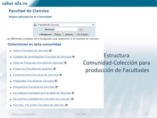 Mérida, noviembre 2011 CTI - CPTMMérida, noviembre 2011 CTI - CPTM
Estructura
Comunidad-Colección para
producción de Facultades
13
 