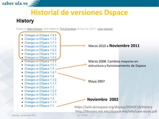 Mérida, noviembre 2011 CTI - CPTMMérida, noviembre 2011 CTI - CPTM
Historial de versiones Dspace
https://wiki.duraspace.org/display/DSDOC18/History
http://libraries.mit.edu/dspace-mit/info/case-study.pdf
Marzo 2010 a Noviembre 2011
Marzo 2008. Cambios mayores en
estructura y funcionamiento de Dspace
Noviembre 2002
Mayo 2007
6
 