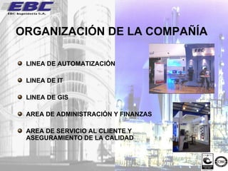 ORGANIZACIÓN DE LA COMPAÑÍA LINEA DE AUTOMATIZACIÓN LINEA DE IT LINEA DE GIS AREA DE ADMINISTRACIÓN Y FINANZAS AREA DE SERVICIO AL CLIENTE Y  ASEGURAMIENTO DE LA CALIDAD 