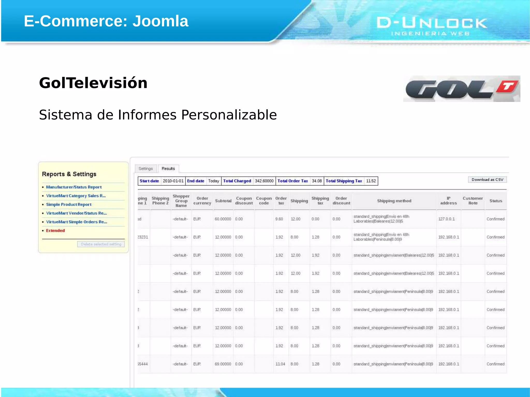 E-Commerce: Joomla


 GolTelevisión

 Sistema de Informes Personalizable
 