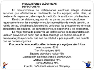 INSTALACIONES ELÉCTRICAS
DEFECTUOSAS
El mantenimiento de instalaciones eléctricas integra diversas
acciones que efectivizan el rendimiento de los equipos; entre ellas, se
destacan la inspección, el ensayo, la medición, la sustitución y la limpieza.
Dentro del sistema, algunas de las partes que se inspeccionan
rigurosamente son las subestaciones, las acometidas de media tensión, la
red de tierras, el cableado, los circuitos de fuerza, las protecciones térmicas
en tableros, los equipos, las canalizaciones, la soportería y los accesorios.
La mejor forma de preservar las instalaciones es recibiéndolas con
un buen proyecto; es decir, que la obra contenga un análisis claro de lo
proyectado y lo ejecutado, que sea de calidad y, por supuesto, que cumpla
con las normas vigentes.
Frecuencia de incendios discriminada por equipos eléctricos
Interruptores 62%
Transformadores 49%
Equipos eléctricos varios 45%
Distribución eléctrica (cables, barras) 29%
Motores eléctricos 15%
Computadoras 11%
Fuente: FM Global Insurance Company
 