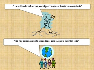 “ La unión de esfuerzos, consiguen levantar hasta una montaña”




“ No hay personas que lo sepan todo, pero si, que lo intenten todo”
 